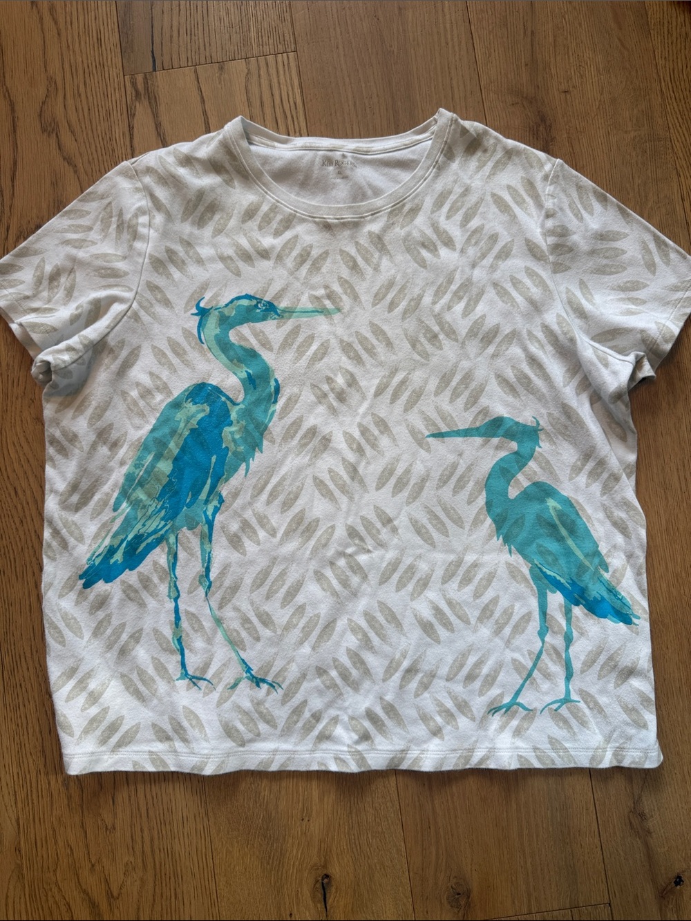 Kim Rogers White Tee with Teal Heron Graphic